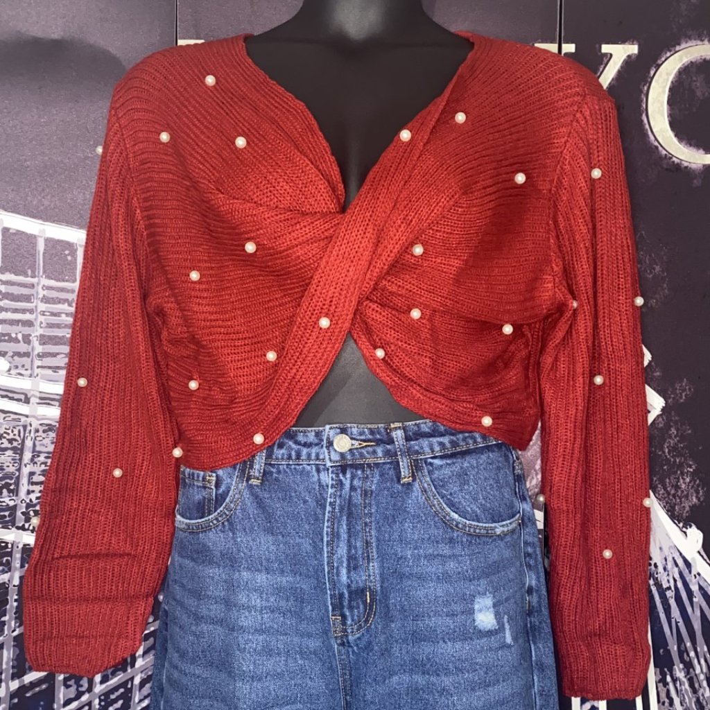 V-Neck Twist Front Pearl Sweater(New)